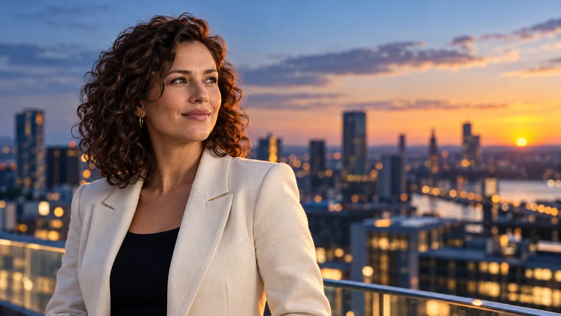 Filmisch AI-voorbeeld van een vrouw op een dakterras bij avondlicht